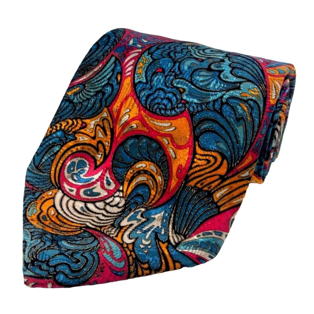 Brioni abstract blue red white and gold silk tie